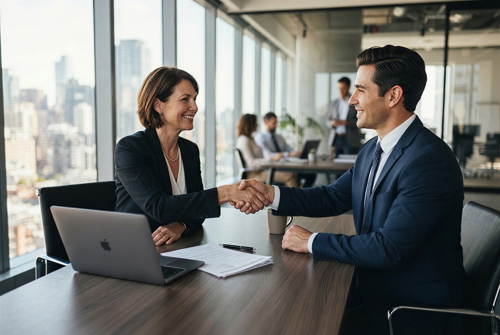Business owner shaking hands with a fractional CFO candidate during a hiring interview