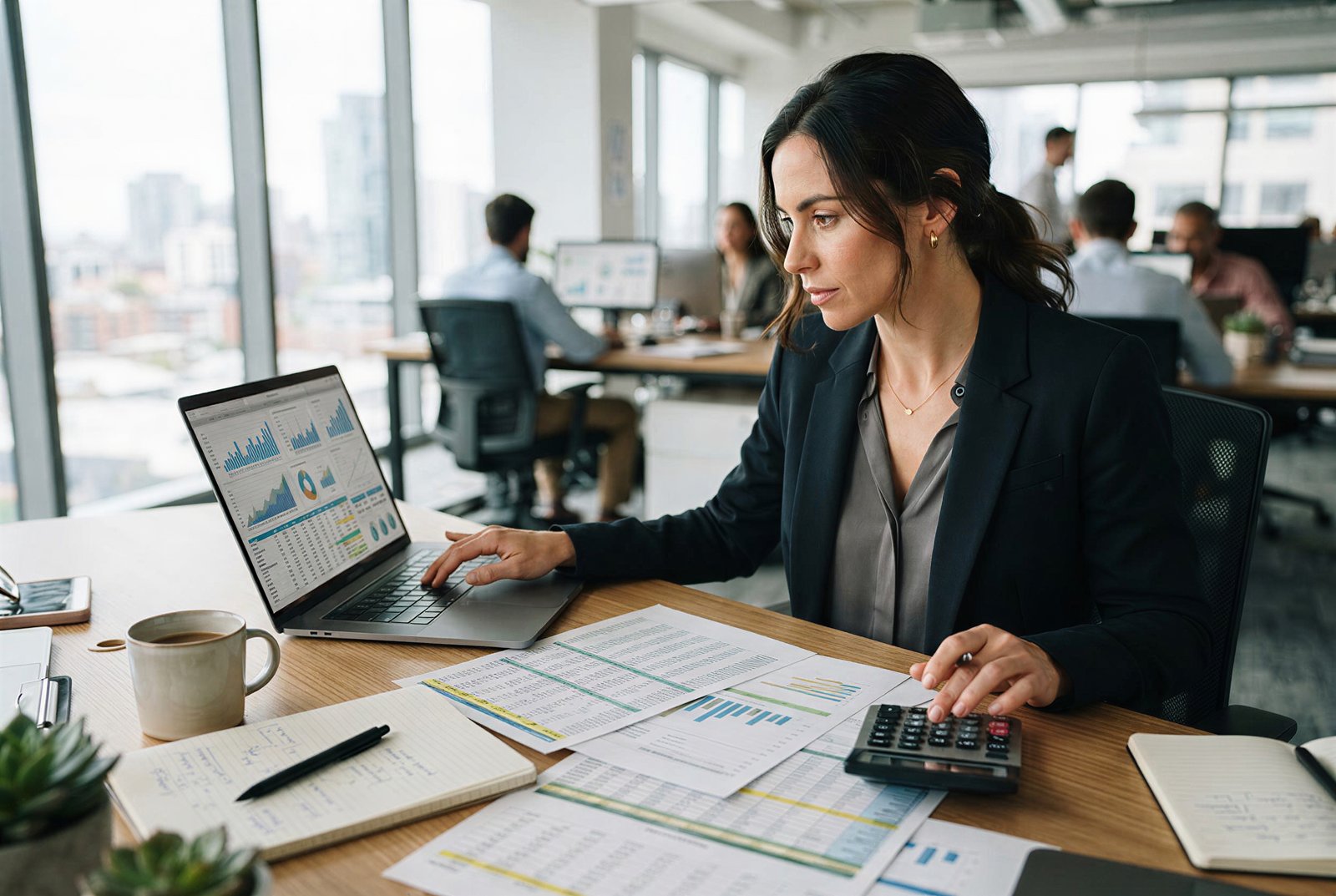 Finance professional comparing fractional CFO costs and business value with charts and a calculator