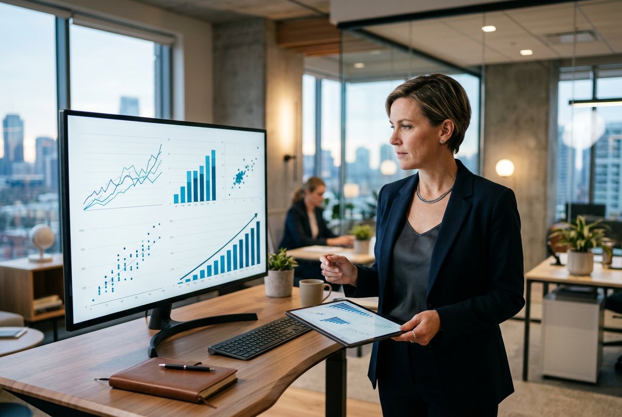Business leader reviewing growth and cash flow dashboards, a sign a business needs a fractional CFO