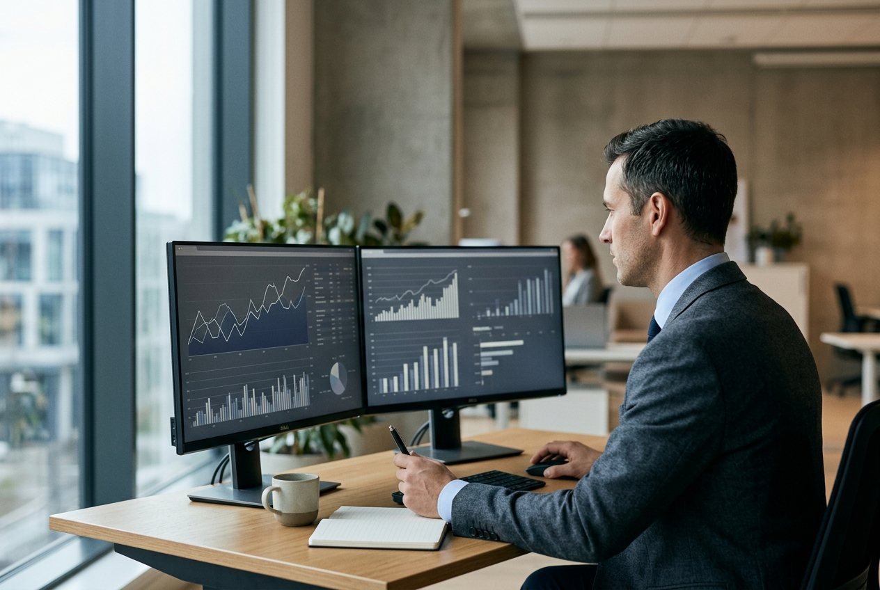 Analyst reviewing EBITDA and enterprise value trends on screen
